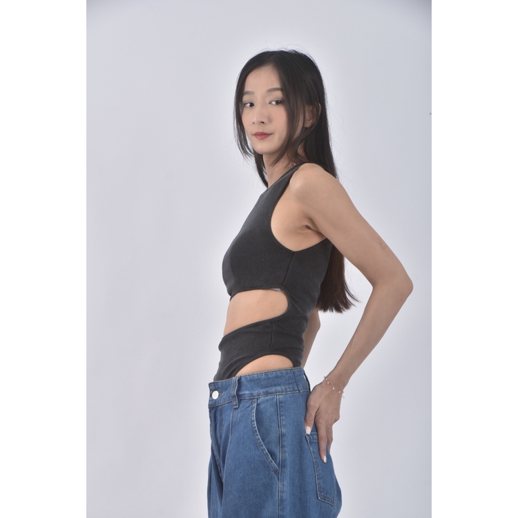 (S) 【里唯私服】RUMOR HAS IT高腰露肚開襠灰色連身裝二手衣, , large