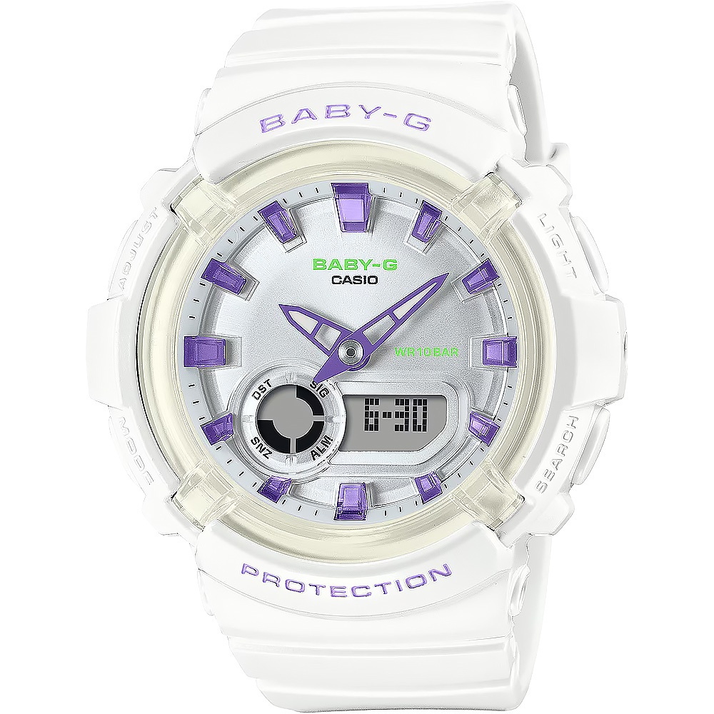CASIO 卡西歐 BABY-G 舞池霓虹燈雙顯手錶-白x紫 BGA-280DN-7A