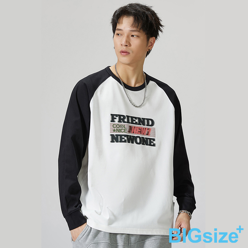 大尺碼-插肩拼接長袖T恤-黑白-0201125, , large