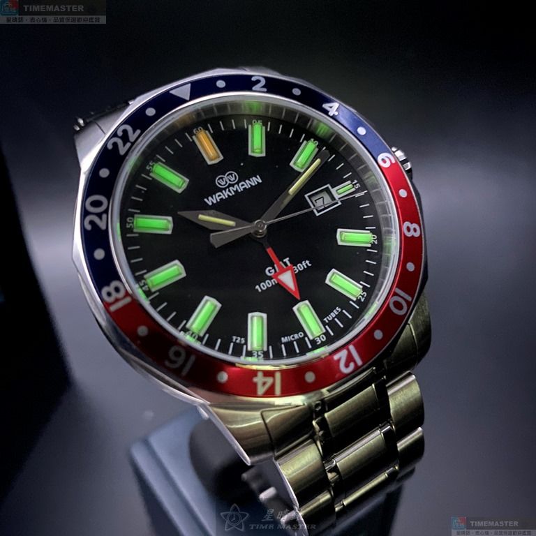 [星晴錶業]WAKMANN手錶,44mm,WA00009黑色錶面百事可樂錶殼銀色精鋼錶帶款, , large