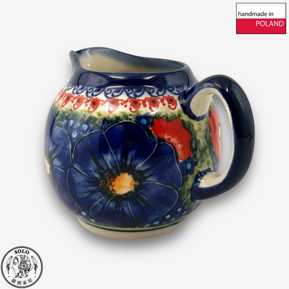 【SOLO Vintage】Cerraf Polish Pottery 320ml Milk Jug Red and Blue Blossoming Elegance Series Made in Poland, , large
