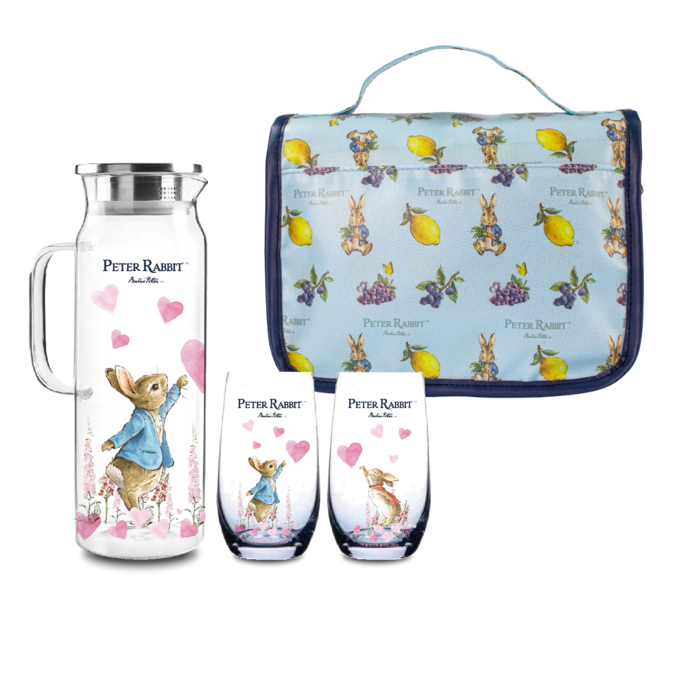 【世豐】比得兔 耐熱玻璃冷水壺及水杯3件組＿心心相印+盥洗包 盥洗包 春遊(洗漱包 收納包 旅行收納包 整理包 化妝包 旅行收納 過夜包 防潑水 出國 出差 旅行 露營), , large