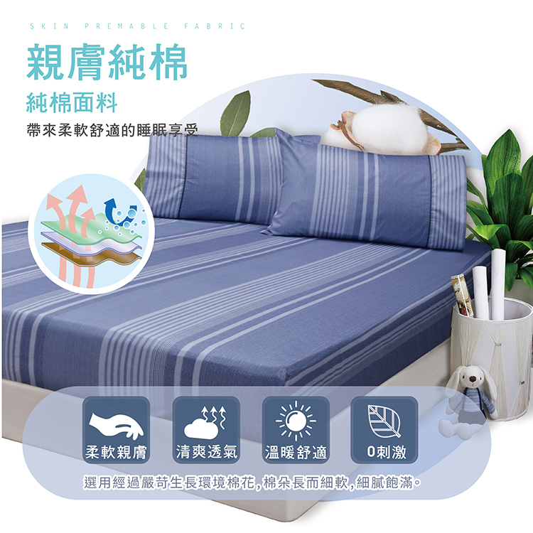 FITNESS 精梳棉雙人床包枕套三件組-安德里-藍, , large