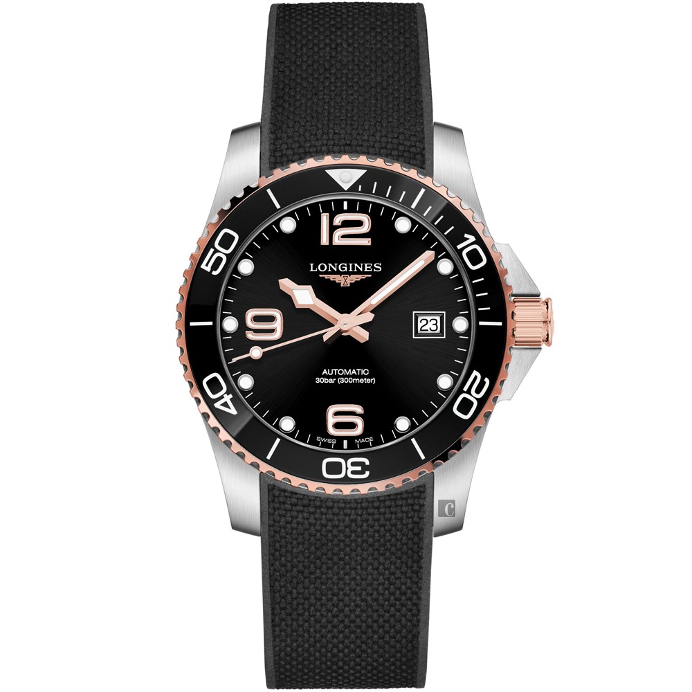 LONGINES 浪琴 深海征服者浪鬼陶瓷潛水機械錶-黑x玫瑰金/41mm L37813589, , large