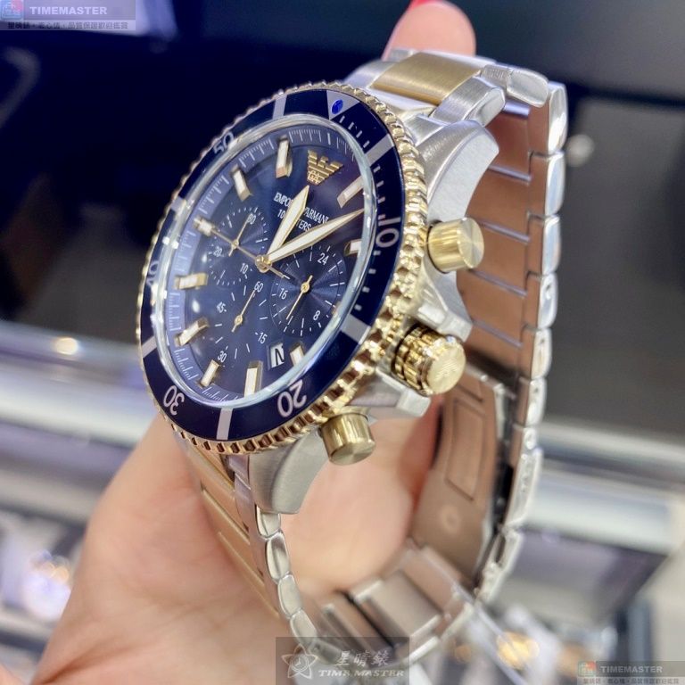 [星晴錶業]ARMANI手錶,44mm,AR00042寶藍色錶面寶藍錶殼金銀相間精鋼錶帶款, , large