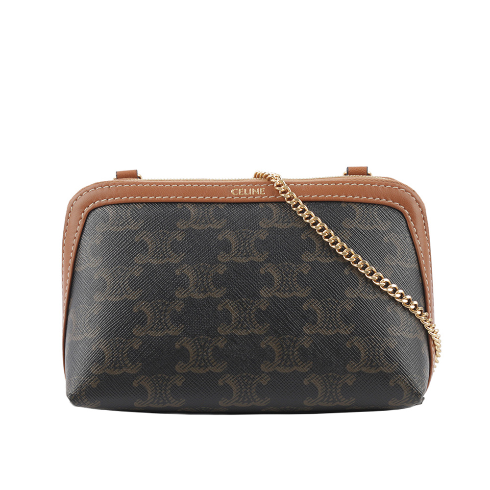 CELINE TRIOMPHE Logo 印花鏈帶斜背包/焦糖色, , large
