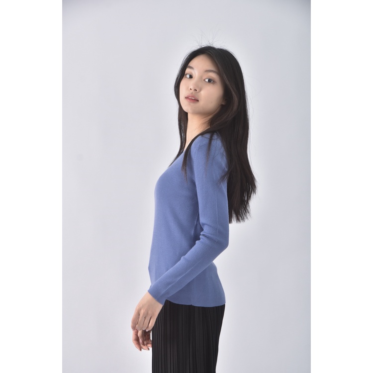 (S) 23区 Vingt trois arrondissements質感羊毛V領藍色長袖上衣二手衣, , large
