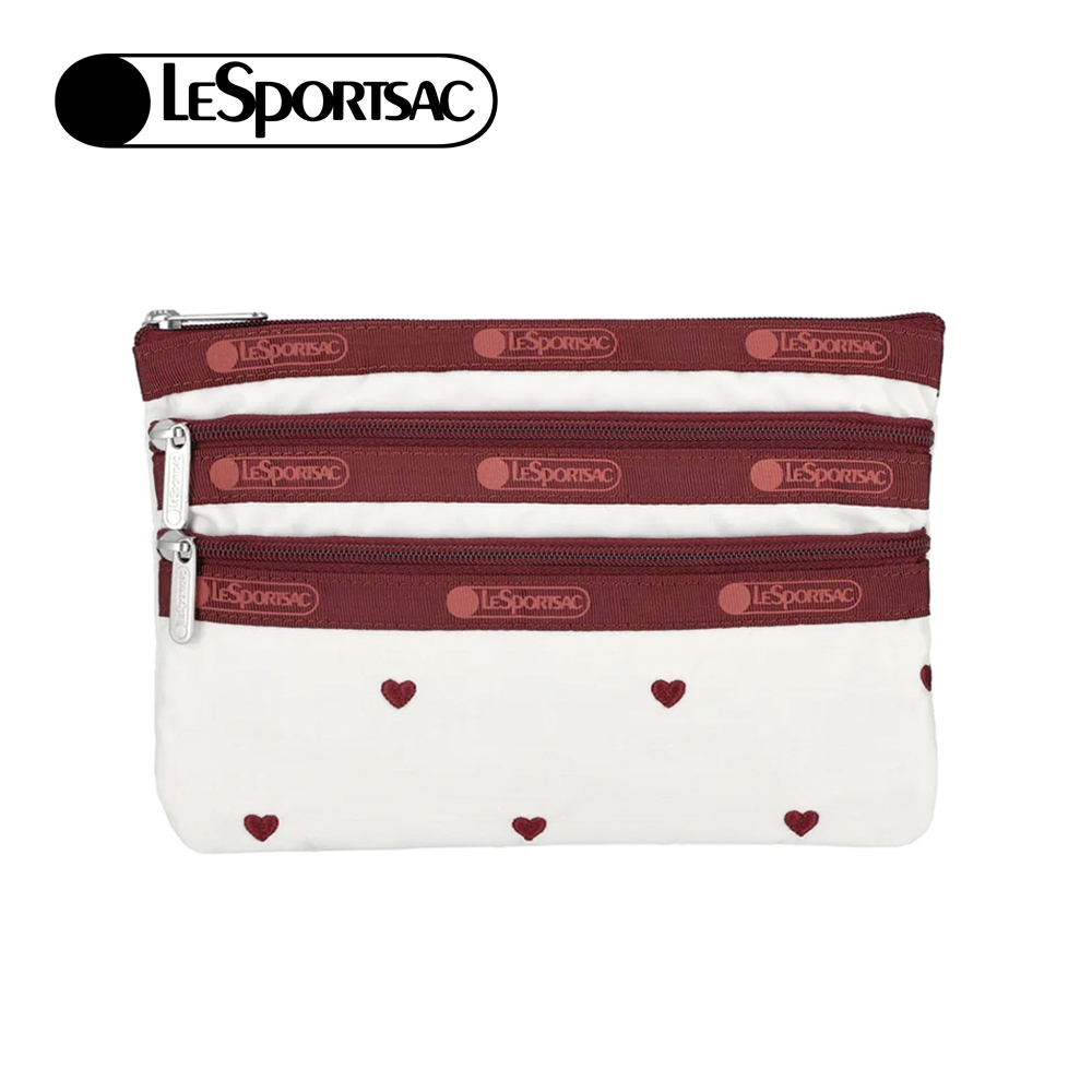 Lesportsac 3-Zip Cosmetic 三層拉鍊收納化妝包/ 莓果心刺繡