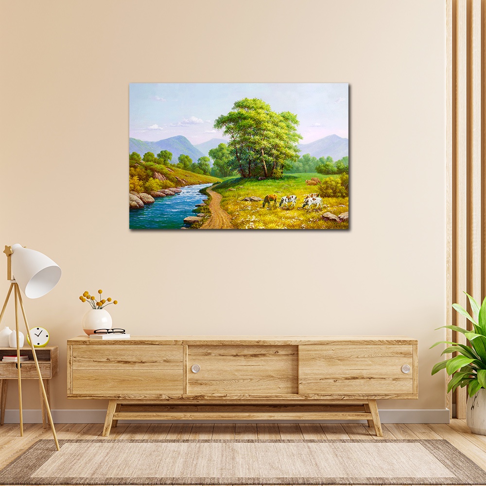 【御畫房】溪邊牧牛 國家一級畫師手繪油畫60×90cm(VF-07), , large