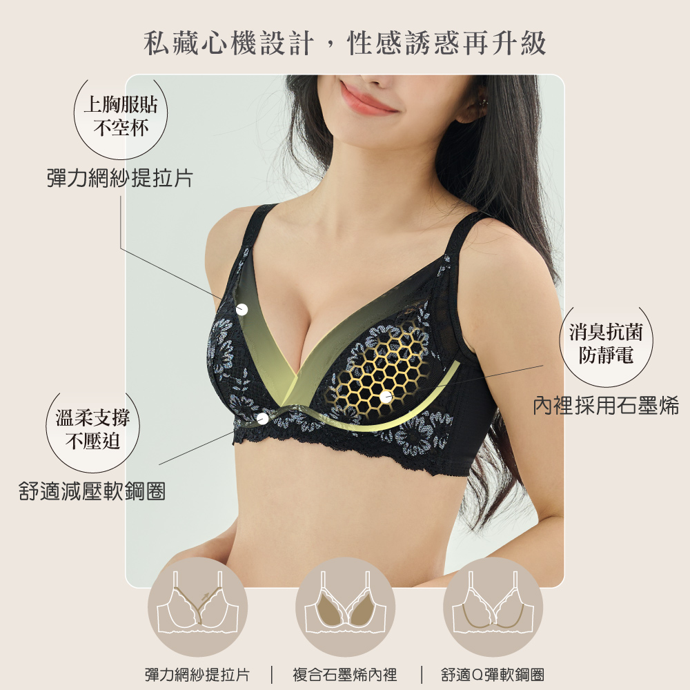 【Clany可蘭霓】浪漫日記石墨烯軟鋼圈集中包覆 BC罩杯不空杯蕾絲內衣 神秘黑 8057-63, , large