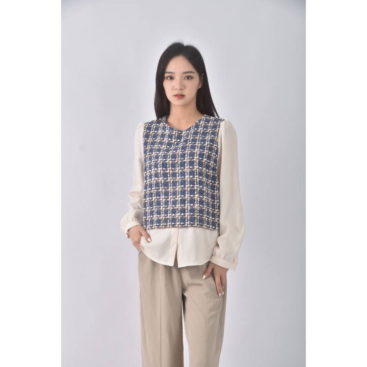 (S) 質感小香風假兩件藍色長袖上衣二手衣, , large