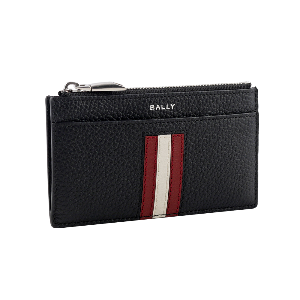 BALLY Ribbon 紅白條紋牛皮拉鍊卡片夾/零錢包/黑色, , large