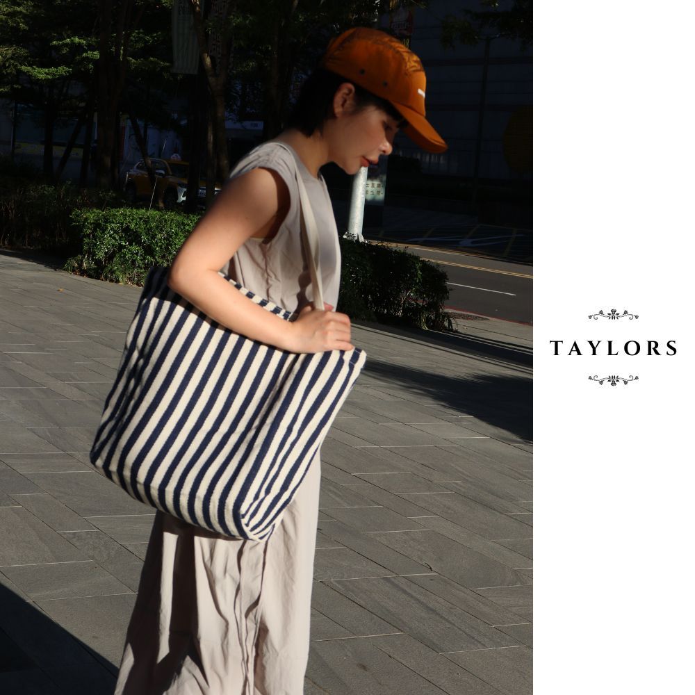 【TAYLORS】Korean style summer striped canvas tote bag, , large