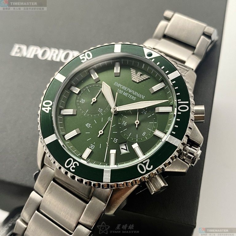 [星晴錶業]ARMANI手錶,44mm,AR00021墨綠色錶面銀錶殼銀色精鋼錶帶款, , large