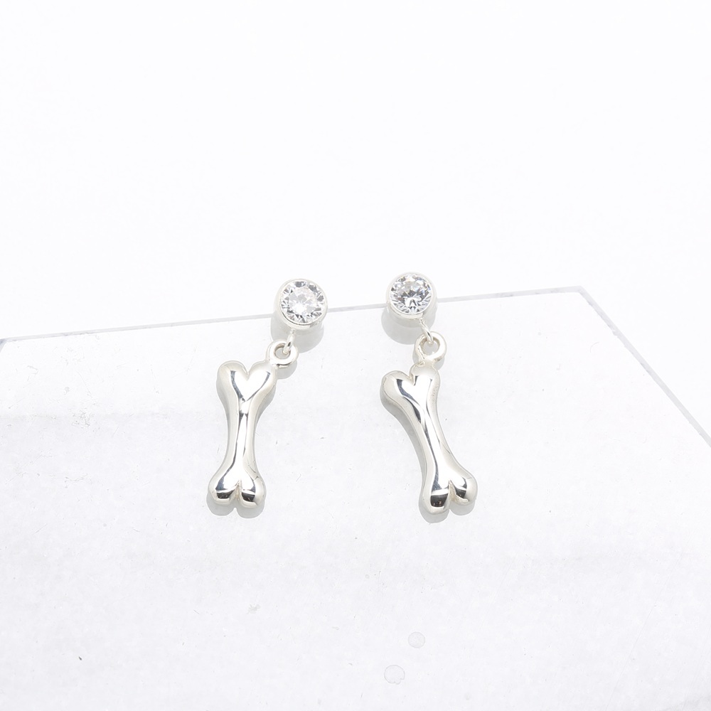 【Angel & Me】幸運 狗骨頭 s925 純銀 單鑽 耳環 耳夾 生日禮物, , large