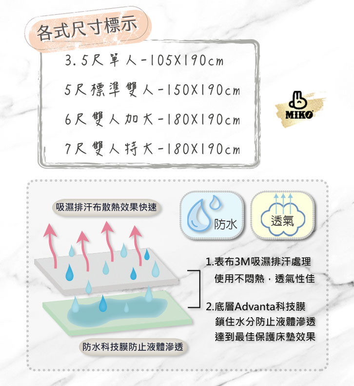 【MIKO】雙人加大防水保潔墊(床包式)6X6.2尺, , large