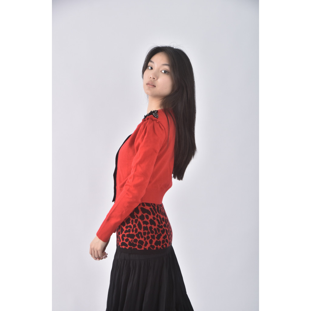 (S) fashion show豹紋兩件式紅色長袖上衣二手衣, , large