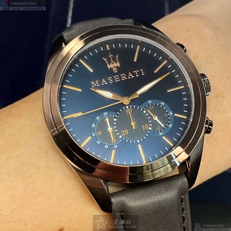 [星晴錶業]MASERATI手錶,46mm,R8871612008寶藍色錶面古銅色錶殼咖啡色真皮皮革錶帶款, , large