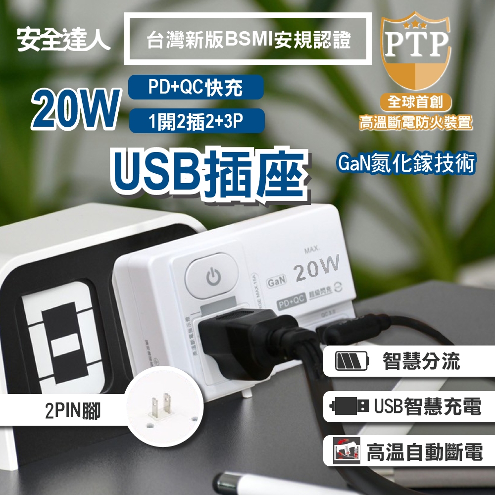 【安全達人】氮化鎵GaN 1開2插2+3P 20W USB超級閃充壁插-R-81PLC