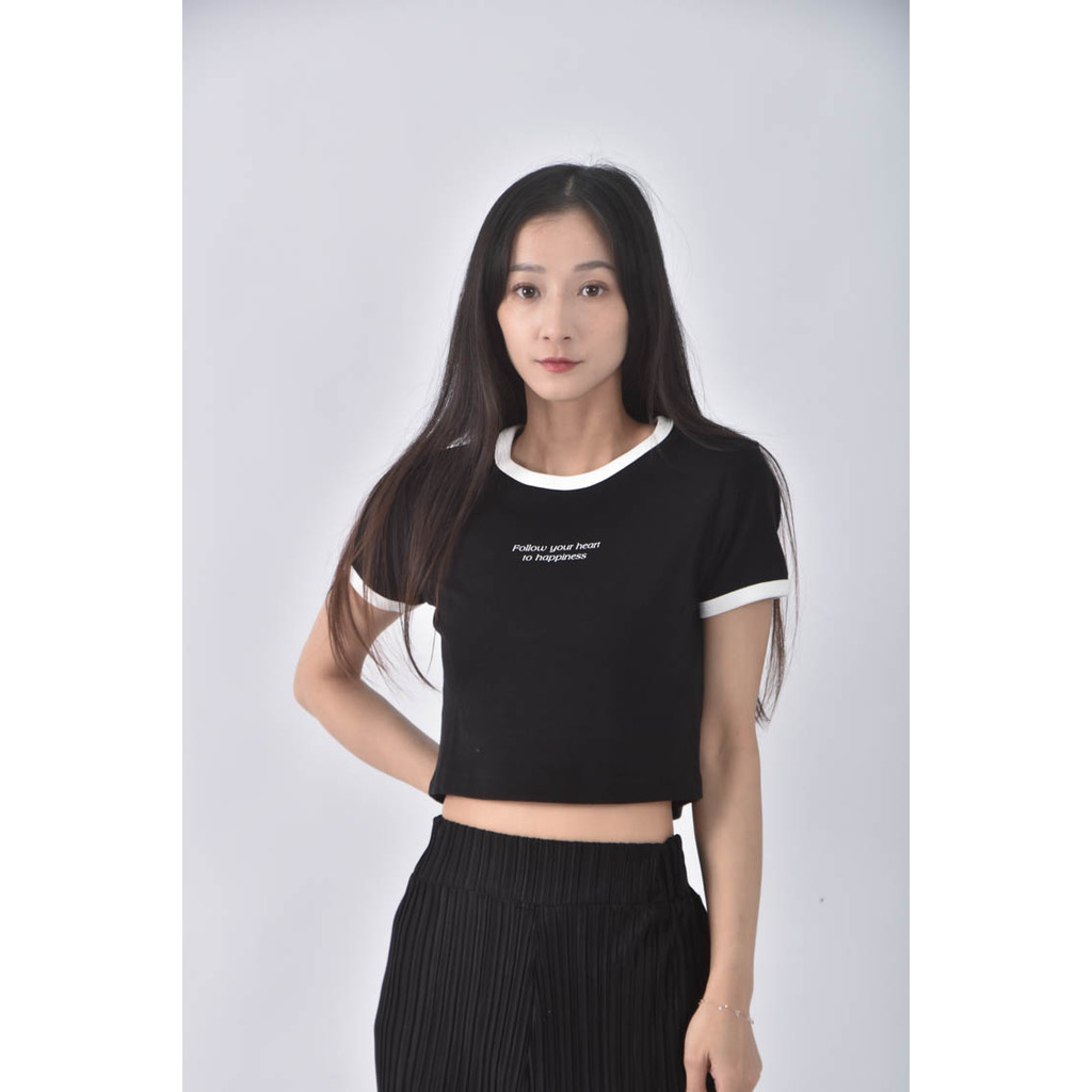 (S) 【粿粿私服】gu修身短版棉質撞色黑色短袖上衣二手衣, , large