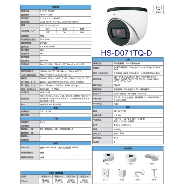 昌運監視器昇銳 HS-D071TQ-D 200萬 紅外線半球網路攝影機 PoE 內建麥克風 夜視20-30M, , large