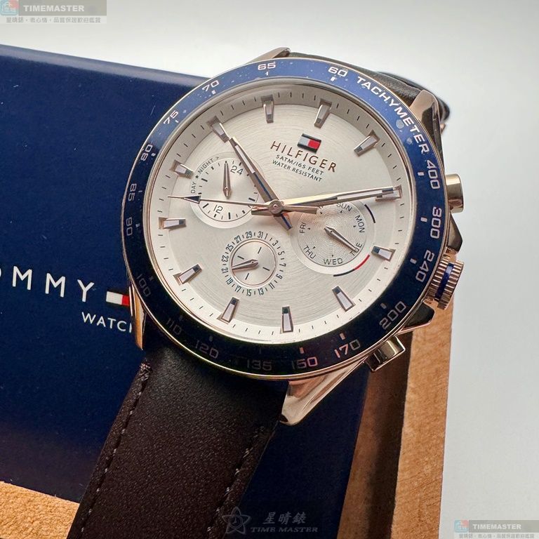 [星晴錶業]TommyHilfiger手錶,46mm,TH00053銀白錶面寶藍錶殼咖啡色真皮皮革錶帶款, , large
