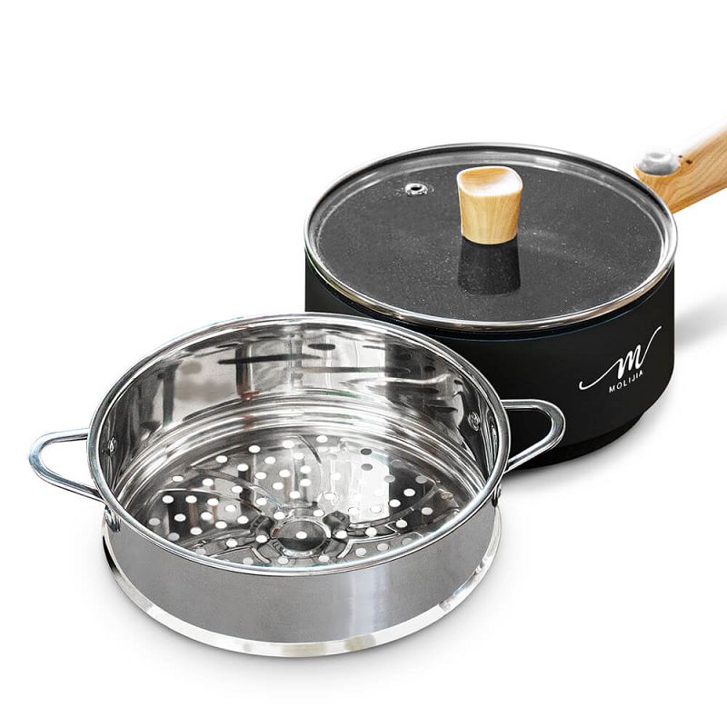 【MOLIJIA 魔力家】1.6L-M18多功能美食料理不沾電火快煮烹飪鍋+M1812不鏽鋼蒸籠-黑木紋, , large