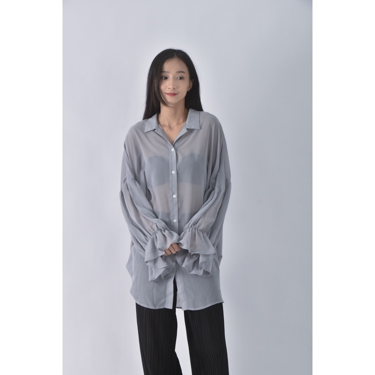 (2XL) lancylancy寬鬆透膚灰綠色襯衫上衣二手衣, , large