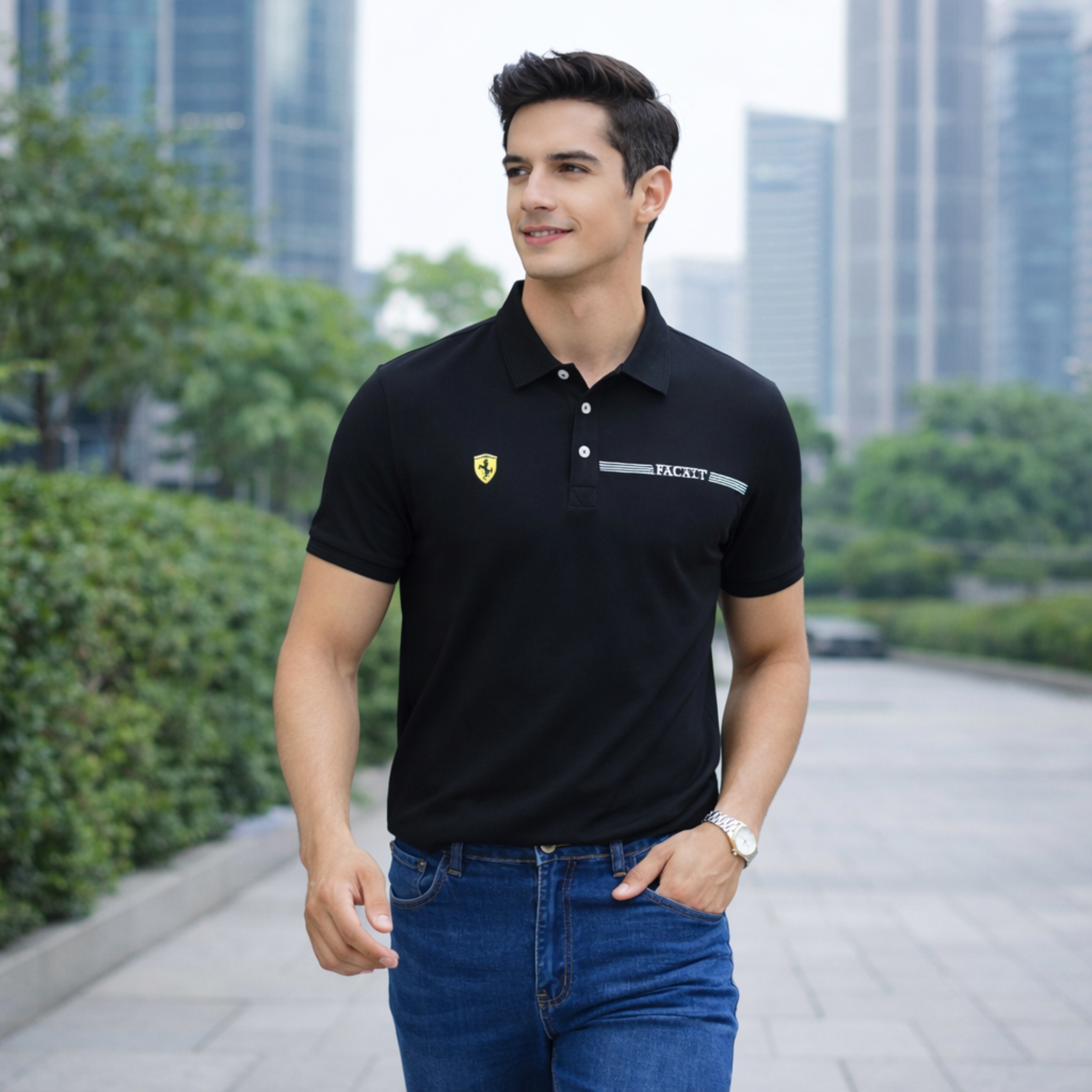 【FALALI】Short-sleeved cooling polo shirt - Men's (black) , , large