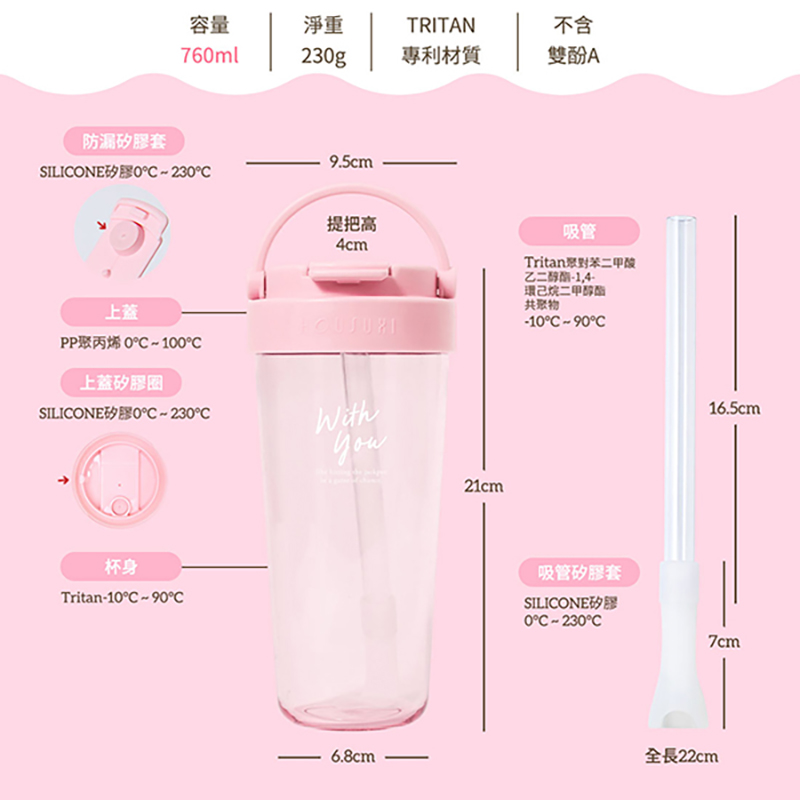 『HOUSUXI‧舒希』Tritan輕透舒吸杯(附彈跳吸管)760ml-淺粉紅, , large