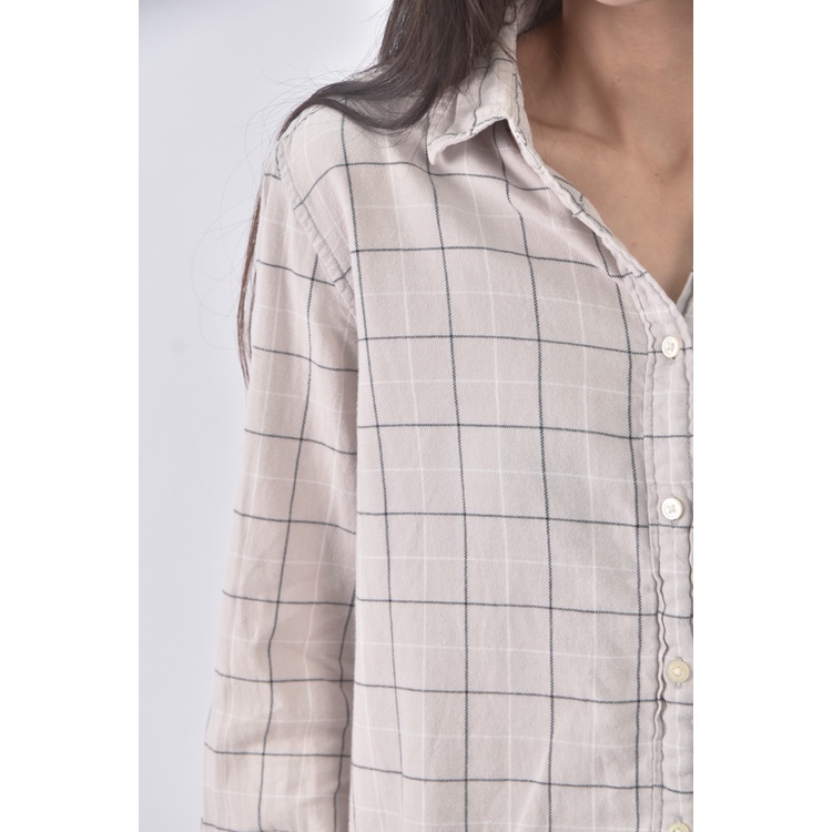 (L) uniqlo棉質純棉格紋杏色長袖上衣二手衣, , large