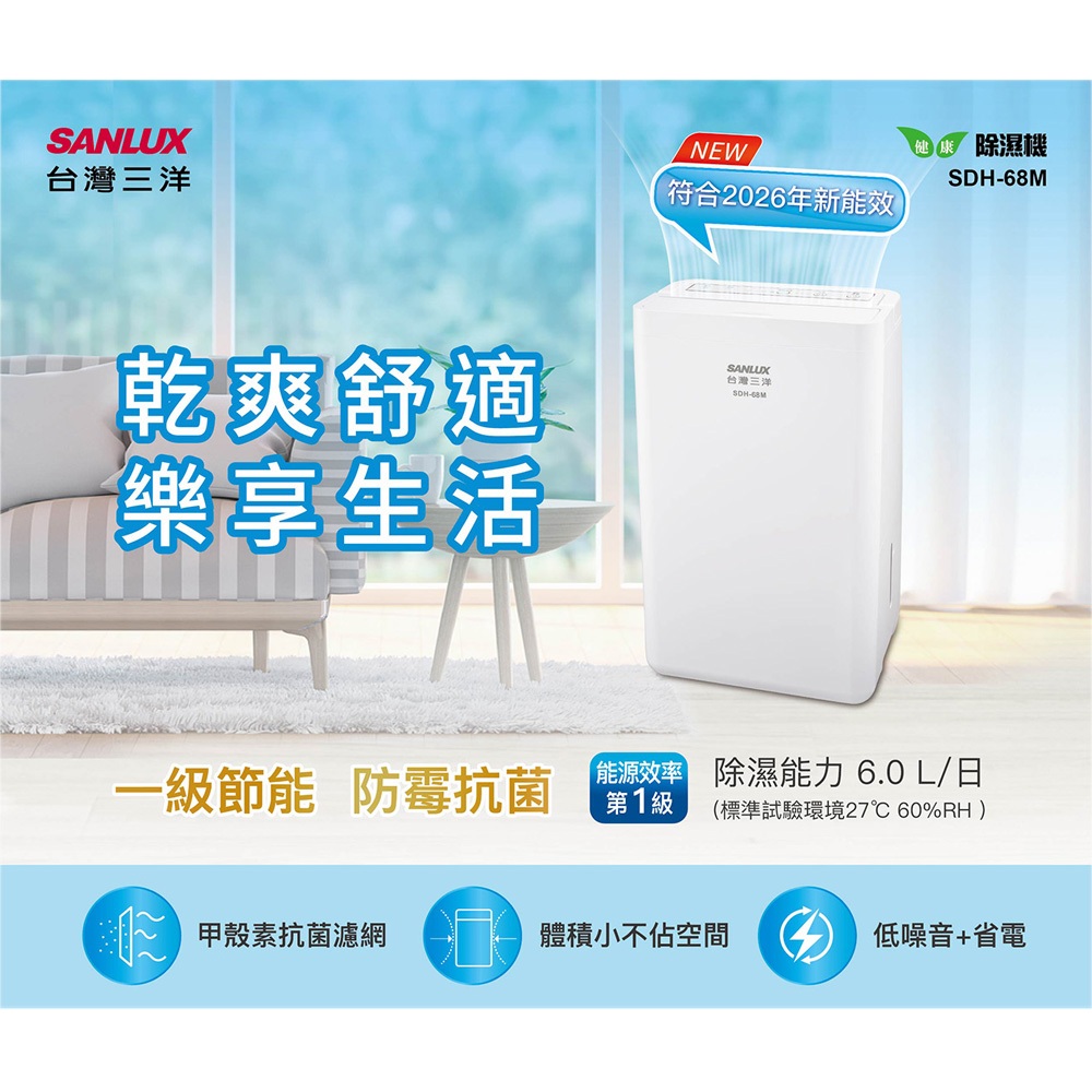 SANLUX 3-5 Ping Grade 1 Energy-Saving 6L Dehumidifier SDH-68M, , large