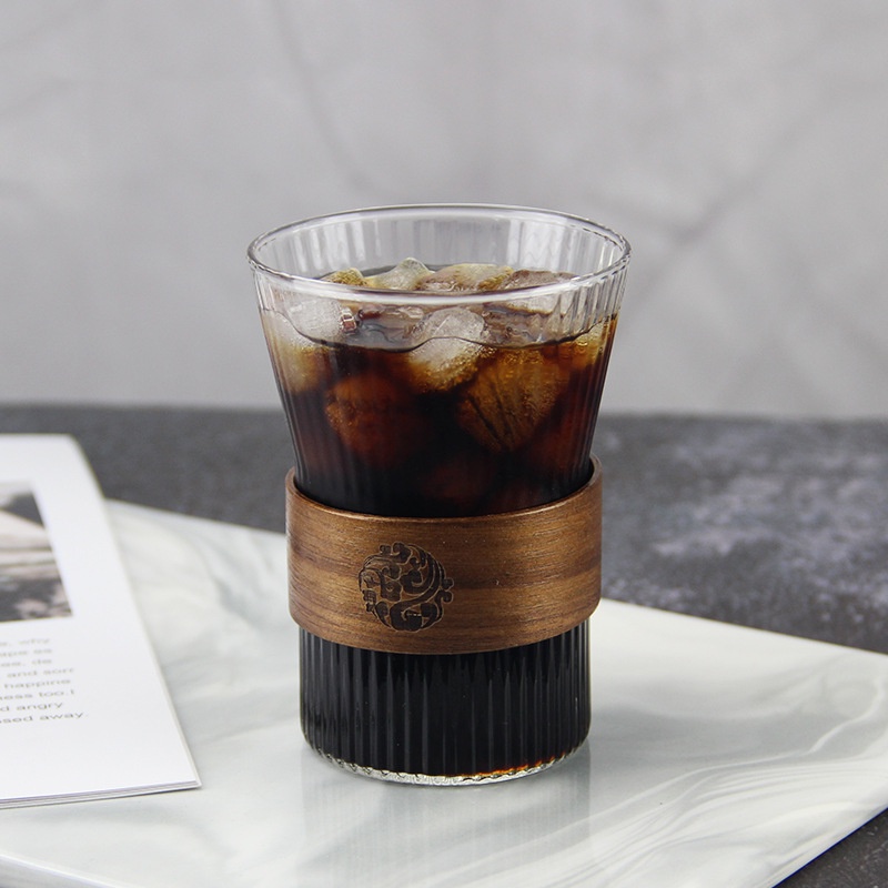 日系簡約條紋玻璃杯 木紋環玻璃條紋杯 玻璃杯 水杯 咖啡杯 手拿杯 拿鐵杯 日式條紋耐熱玻璃杯 嚴選咖物 耐熱玻璃, , large