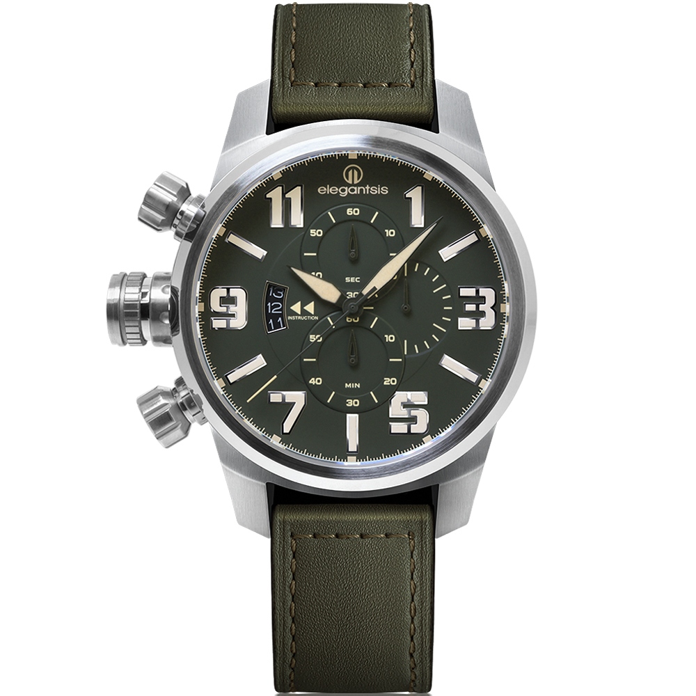 elegantsis 愛樂時 JF48QS-陸海空三軍大錶徑三眼計時手錶-陸軍綠/48mm ELJF48QS-OG05L, , large