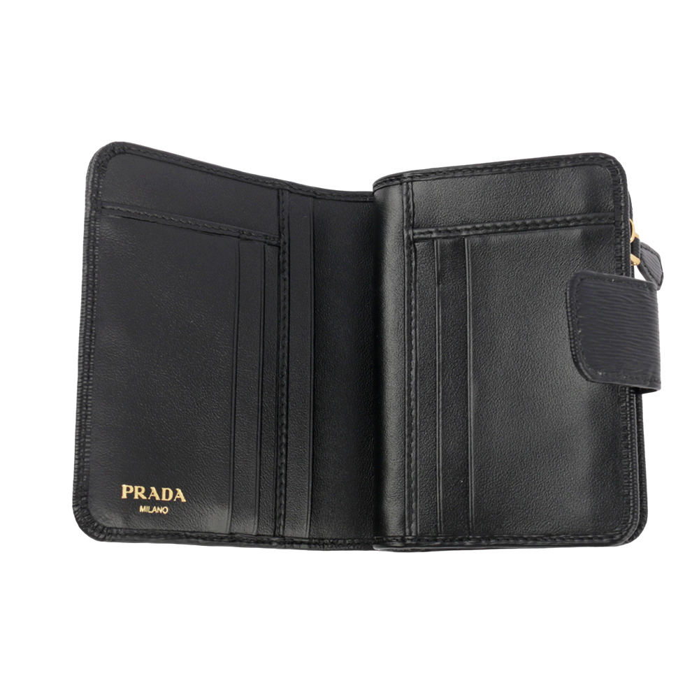 PRADA 三角牌Logo水波紋拉鍊釦式厚款零錢短夾/黑色, , large