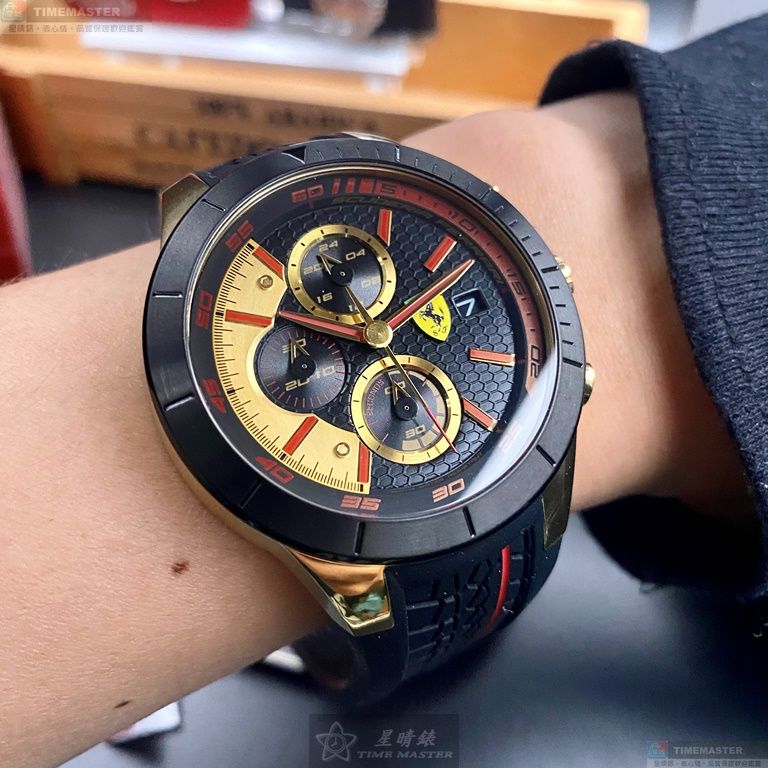 [星晴錶業]FERRARI手錶,46mm,FE00042黑金色錶面黑錶殼深黑色矽膠錶帶款, , large