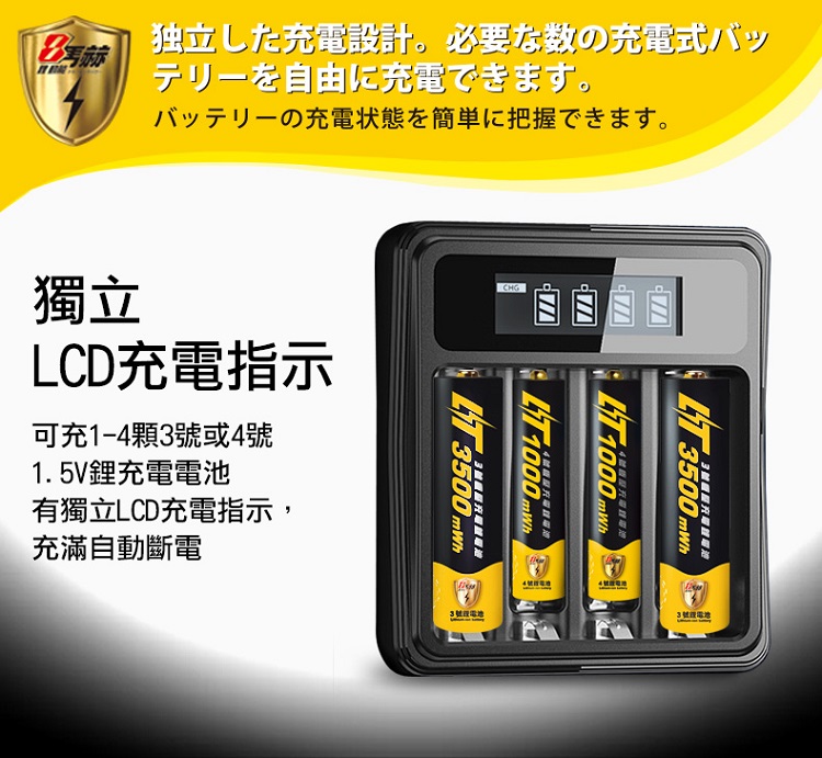 【8馬赫】1.5V鋰電池專用液晶顯示充電器 3號/AA 4號/AAA(4槽獨立快充), , large