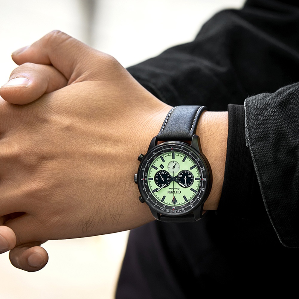 CITIZEN 星辰 綠幽靈夜光光動能三眼計時手錶-黑x藍 CA4505-21X, , large