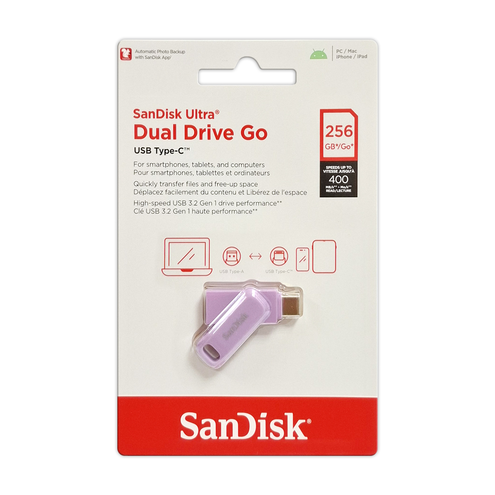 【SanDisk】Ultra GO 256G 薰衣草紫 TYPE-C USB 3.2 雙用 OTG 旋轉隨身碟 讀取速度 400MB/s, , large