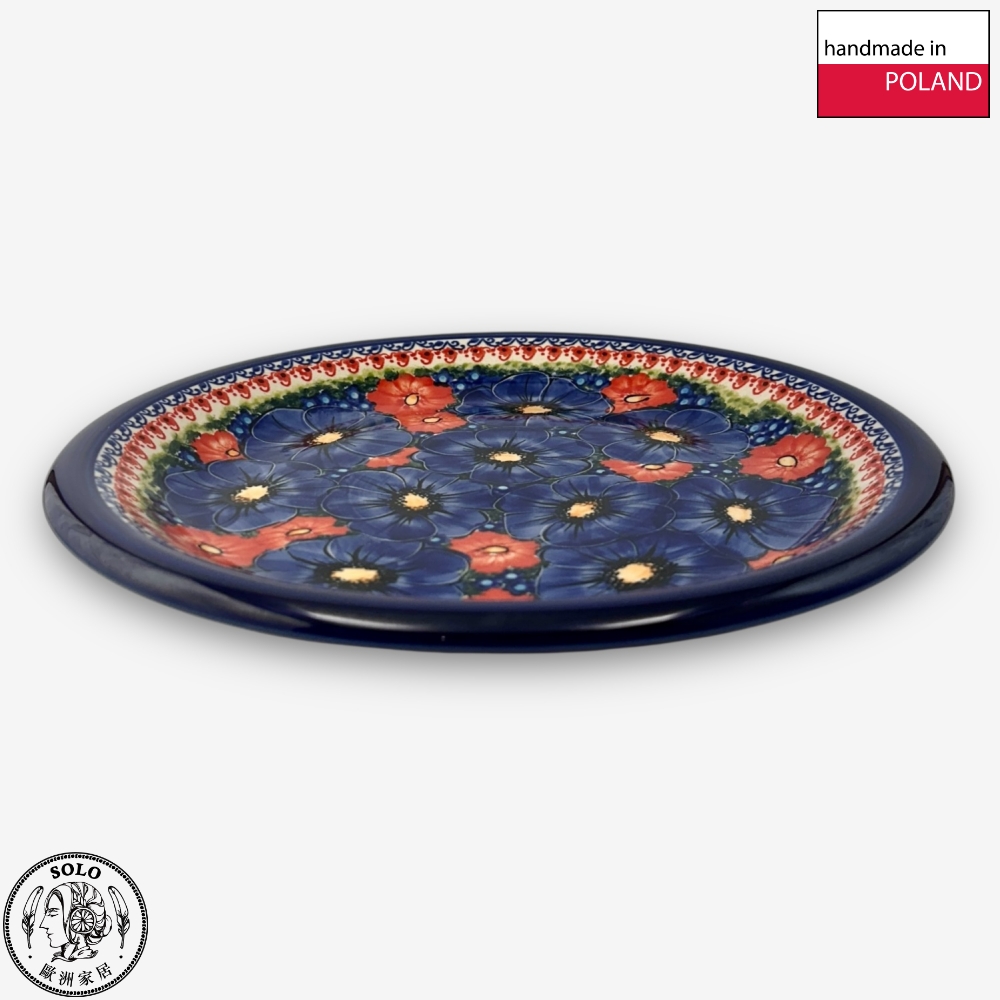 【SOLO Vintage】Cerraf Polish Pottery 26cm Dinner Plate Red and Blue Blossoming Elegance Series Made in Poland, , large