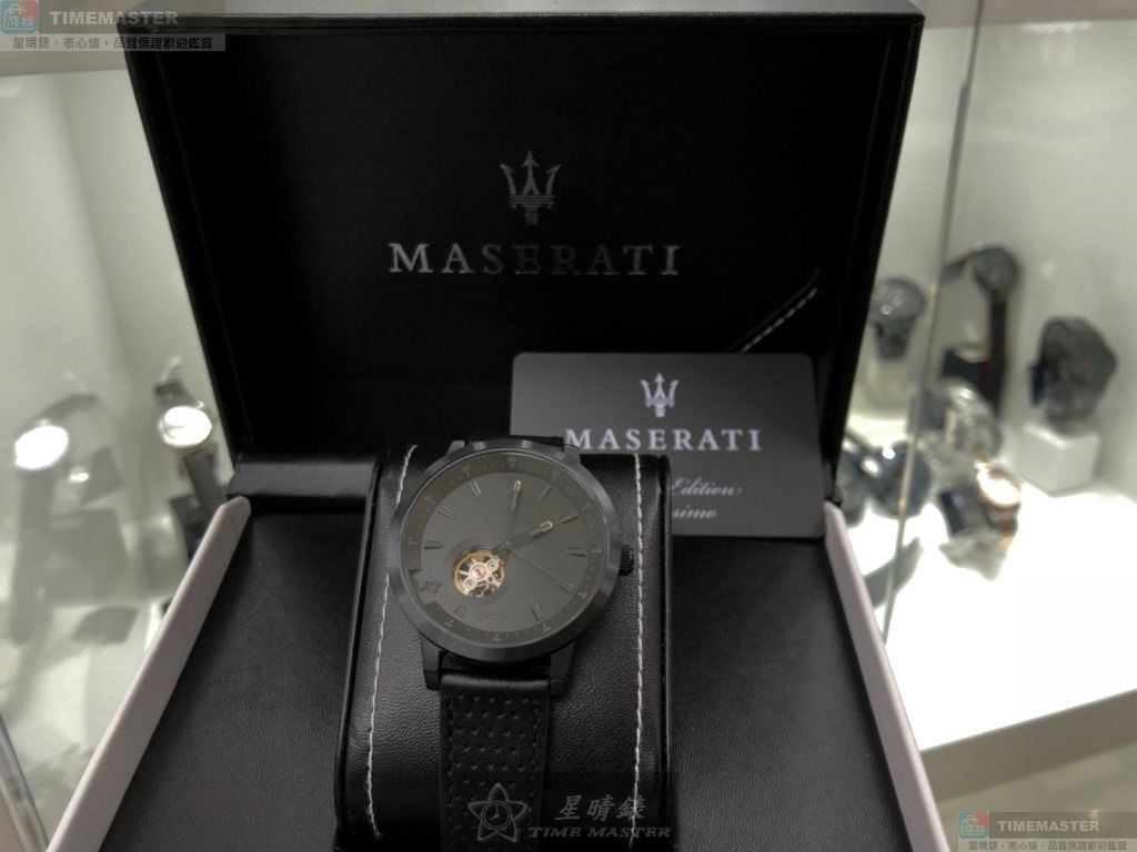 [星晴錶業]MASERATI手錶,44mm, 46mm,R8821134001黑雙面機械鏤空錶面黑錶殼深黑色真皮皮革錶帶款, , large