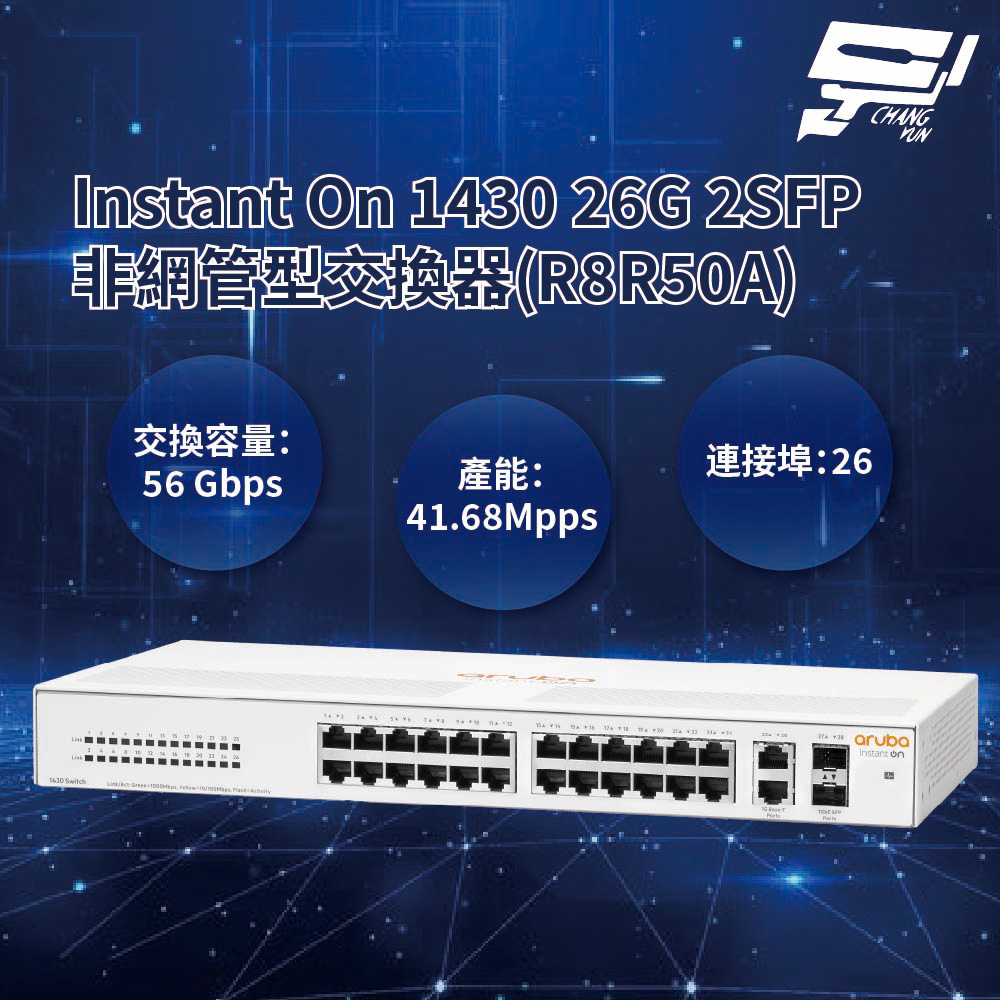 昌運監視器Aruba HPE Instant On 1430 26G 2SFP 非網管型交換器(R8R50A)