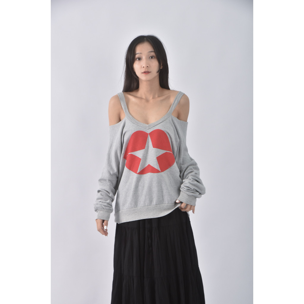 (L) lauren moshi棉質露肩灰色長袖上衣二手衣