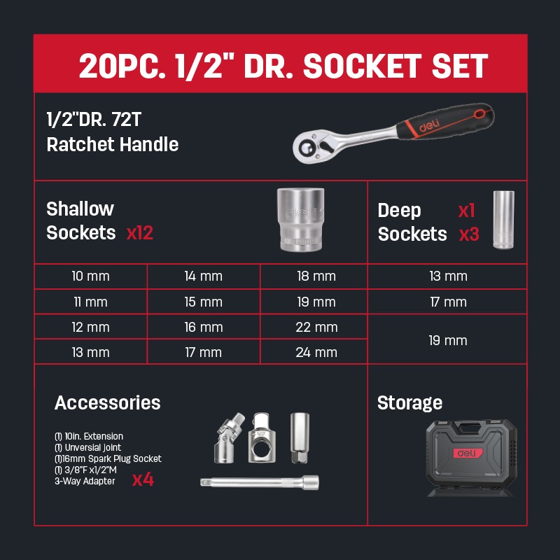 【deli tools】1/4 inch Socket Wrench Set 20PCS, , large