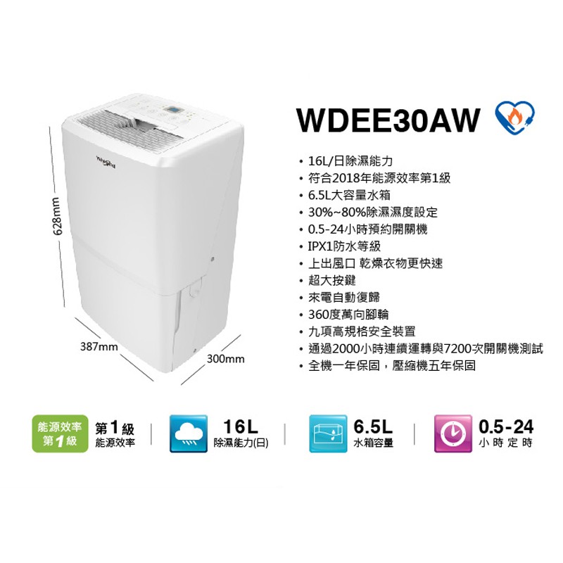 Whirlpool  惠而浦 16L節能除濕機 WDEE30AW, , large