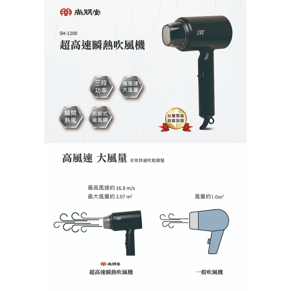 SPT 尚朋堂 超高速瞬熱吹風機 SH-1200, , large