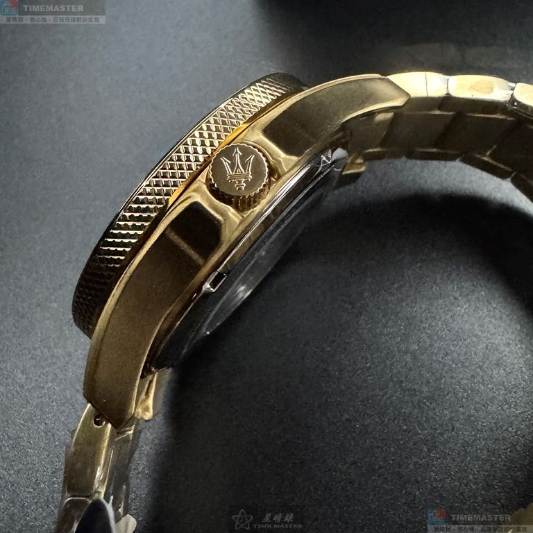 [星晴錶業]MASERATI手錶,44mm,R8823140003黑色雙面機械鏤空錶面金色錶殼金色精鋼錶帶款, , large