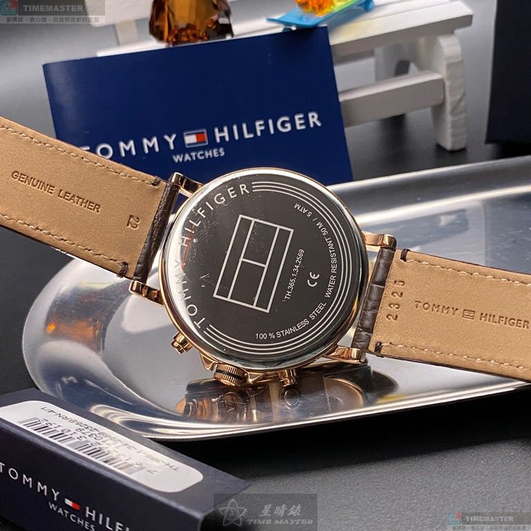 [星晴錶業]TommyHilfiger手錶,44mm,TH00003黑色錶面玫瑰金錶殼咖啡色真皮皮革錶帶款, , large