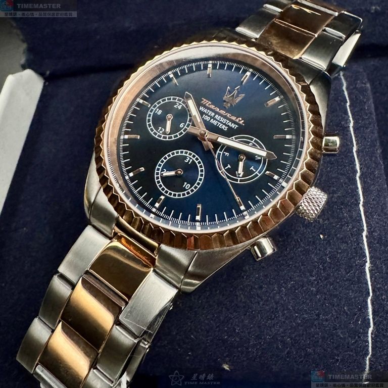 [星晴錶業]MASERATI手錶,42mm,R8853100040寶藍色錶面玫瑰金錶殼金銀相間精鋼錶帶款, , large