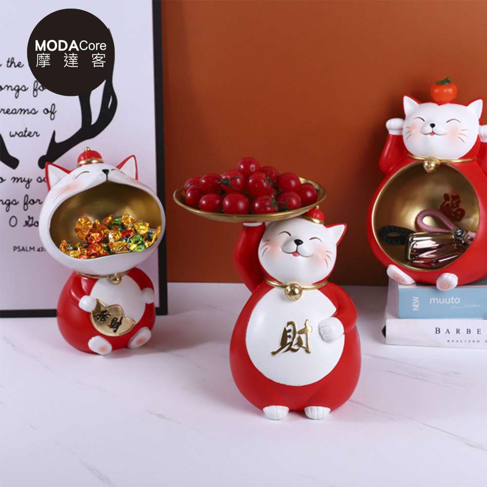 摩達客◉春節開運◉紅白大嘴招財猫擺飾-糖果收納聚寶盆, , large